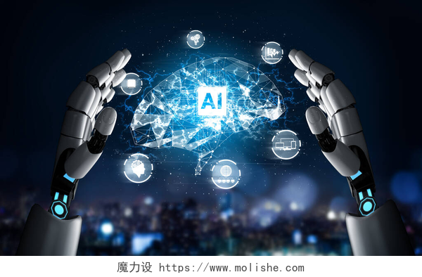 掌握人类未来的手3D渲染未来机器人技术的发展、人工智能人工智能和机器学习的概念。全球机器人生物科学研究促进人类生活的未来.